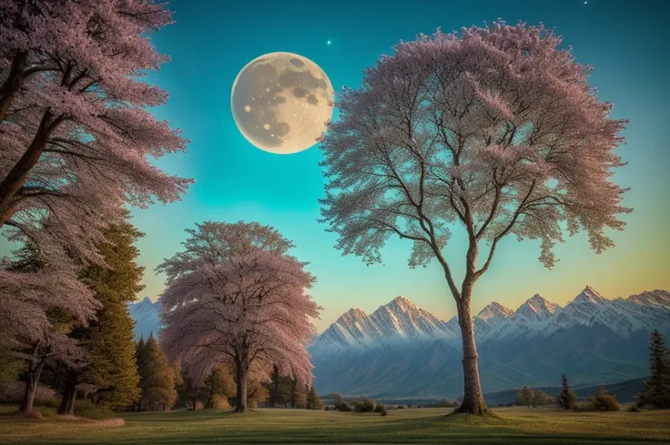 (Very beautiful epic breathtaking landscape), (very beautiful and very strange tree), (alluring, A fascinating sight), (Incredible, difficult to explain), amazing tree, (the full moon illuminates it), (ultra detailed photo, HDR, uhd, 16K), Professional pho...