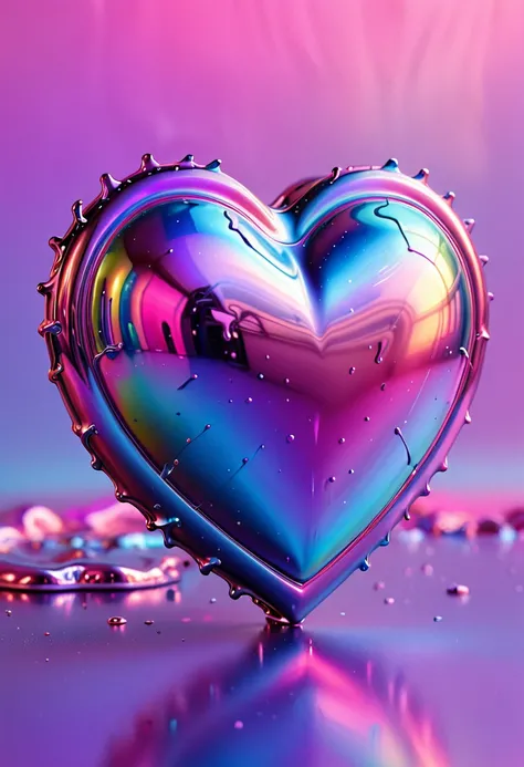 The image shows a melted heart in the background. front image, metallic heart that has a shine, iridescent quality. The heart is a mix of pink and blue tones., giving it a vibrant and eye-catching appearance. The background is bright holographic color of p...