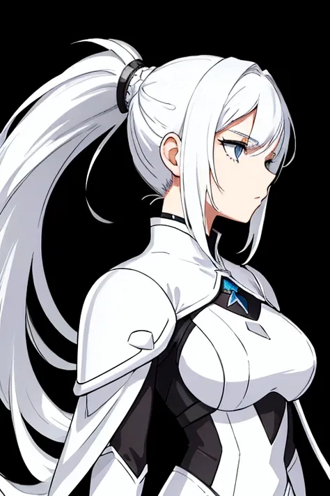 a girl with white hair, she wears white armor , her hair is long and loose,your hair has a long ponytail