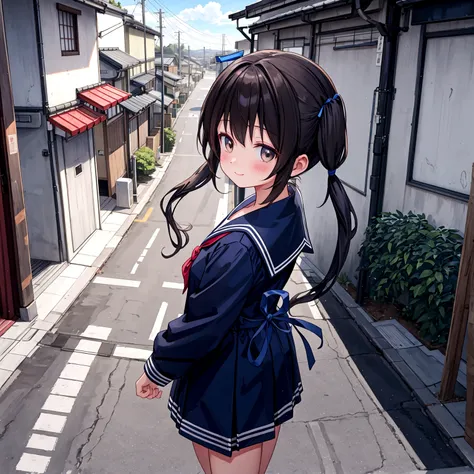 (best quality, ultra detailed, masterpiece:1.4), HD,
1girl, standing, gentle smile, 15yo,
(low twintails:1.4), low pigtails, black hair, long hair,
(navy blue sailor suit with blue ribbon:1.2), long sleeves, 
BREAK 
(dark brown eyes), (school bag on right ...