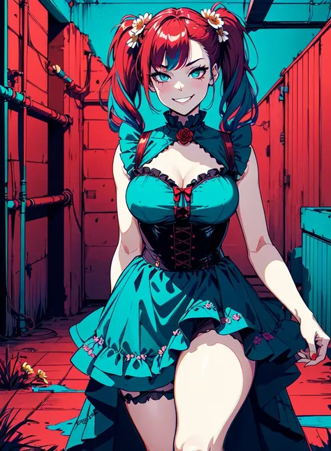 masterpiece, best quality,1girl,gothgal,frilly dress 8k,highres, ( flower_styler:1.2)(rainbow-candy:1.2) golden ratio, big breast, curvy girl, small waist, teal aqua eyes, red burgundy hair, pigtails, smirking, basement background, grunge style