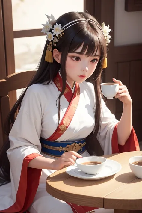 a close-up of a woman sitting at the table with a cup of coffee, palace ， a girl in hanfu, a young girl like Genghis Khan, Beautiful oriental woman, mulher Chinesa,  Chinesa, princesa Chinesa, an Asian woman, a young Asian woman, ancient princesa Chinesa, ...