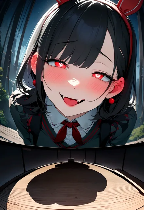 black hair, hair bobbles, wince, longeyelashes, solid circle eyes, fake animal ears, light smile, ear blush, fang, ccurate, longeyelashes, pupils sparkling, naughty face, naughty, ahegao, Surrealism, drop shadow, anaglyph, stereogram, tachi-e, pov, atmosph...