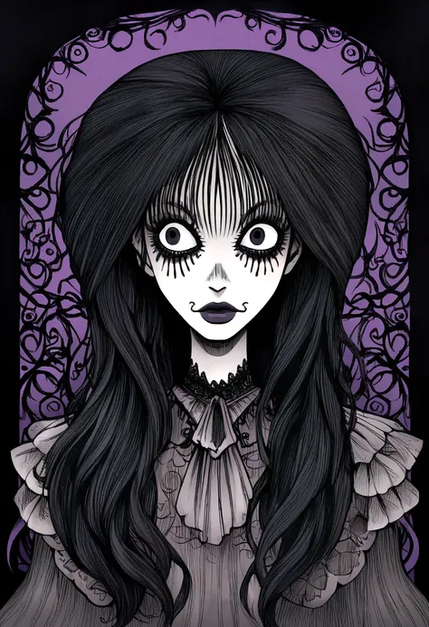 middle aged woman, Vulgar, long black hair to the sides, art style drawing gothic tim burton, portraite