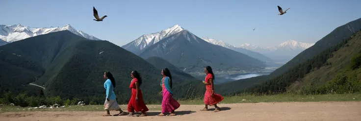 Three Indian women, one 18 years old, one 25 years old and another 35 years old. Although their faces are not clearly visible, it is clear that they have been released from long imprisonment. They look back at the mountain. There is a mountain in front and...