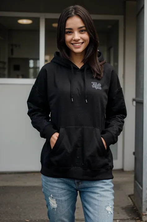 Standing wearing a black hoodie, smiling gently, girl 