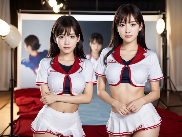 A live-action photo of an extremely beautiful Japanese high school girl race queen who highlights her large breasts and beautiful legs.、Wearing cosplay cheerleader uniforms in a photo studio and taking promotional photos for compensated dating、She is an et...