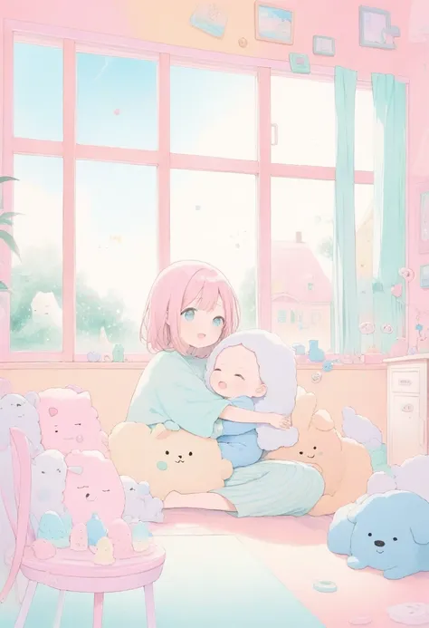 score_9, score_8_up, score_7_up, score_6_up, score_5_up, score_4_up, fluffy large dog and human baby playing together, soft sparkling effects, room in the house, large windows, cute illustration style, fusion of watercolors and oil paintings, pastel colors...