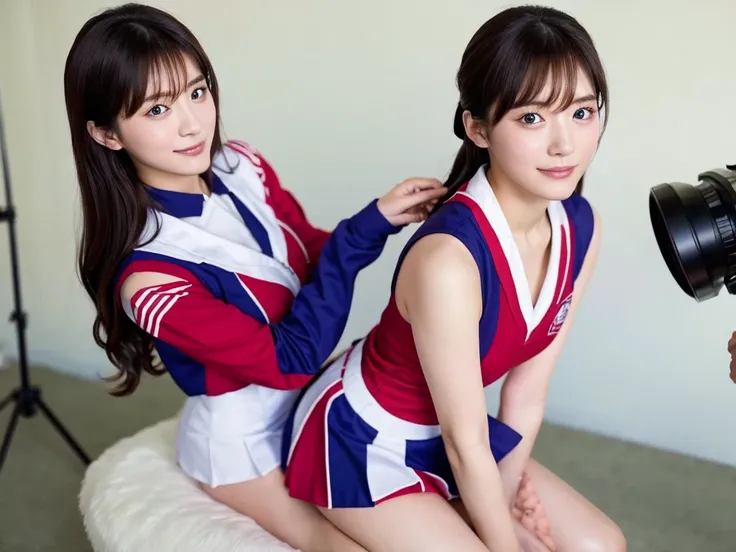 A live-action photo of an extremely beautiful Japanese high school girl race queen who highlights her large breasts and beautiful legs.、Wearing cosplay cheerleader uniforms in a photo studio and taking promotional photos for compensated dating、She is an et...