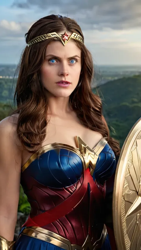 (Masterpiece, 8K, UHD, high resolution: 1.4), powerful portrait of Alexandra Daddario as Wonder Woman, (iconic Wonder Woman costume: 1.3), (golden tiara with red star: 1.2), (long, wavy brown hair: 1.2), (piercing blue eyes: 1.3), (confident and heroic pos...