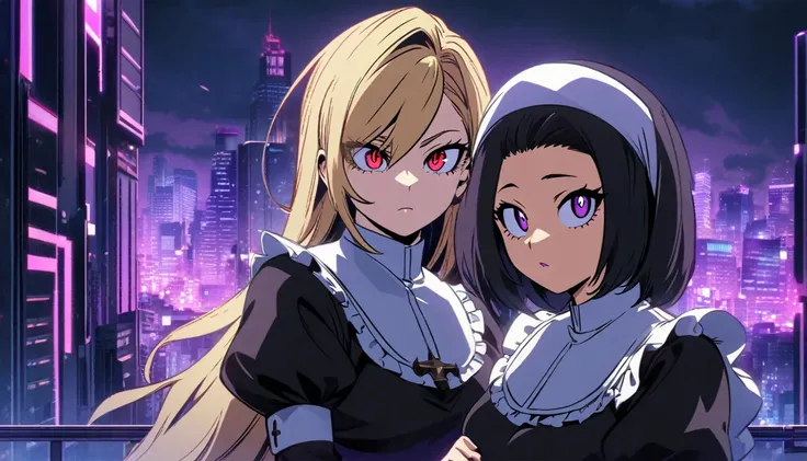 Two girls. The first is a nun with blonde hair and scary red eyes. The second is next to her and is a maid with purple eyes and long, straight black hair. The background is a city with purple lights. Boku No Hero Academia Art Style.