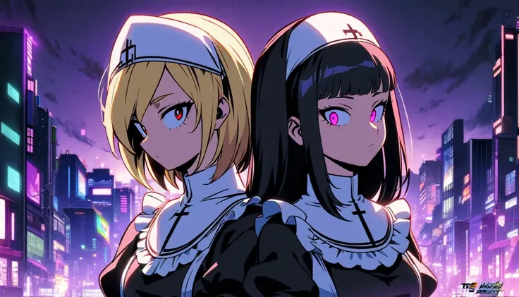 Two girls. The first is a nun with blonde hair and scary red eyes. The second is next to her and is a maid with purple eyes and long, straight black hair. The background is a city with purple lights. Boku No Hero Academia Art Style.