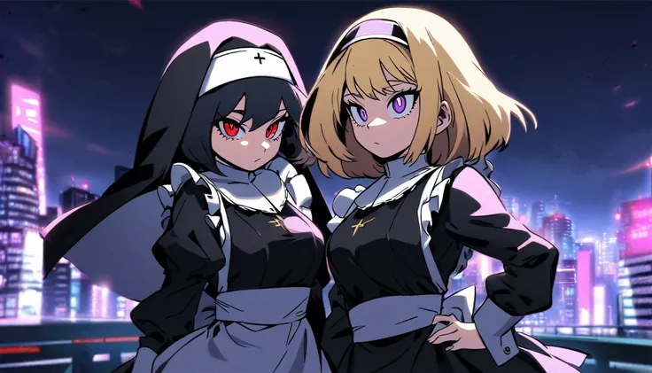 Two girls. The first is a nun with blonde hair and scary red eyes. The second is next to her and is a maid with purple eyes and long, straight black hair. The background is a city with purple lights. Boku No Hero Academia Art Style.