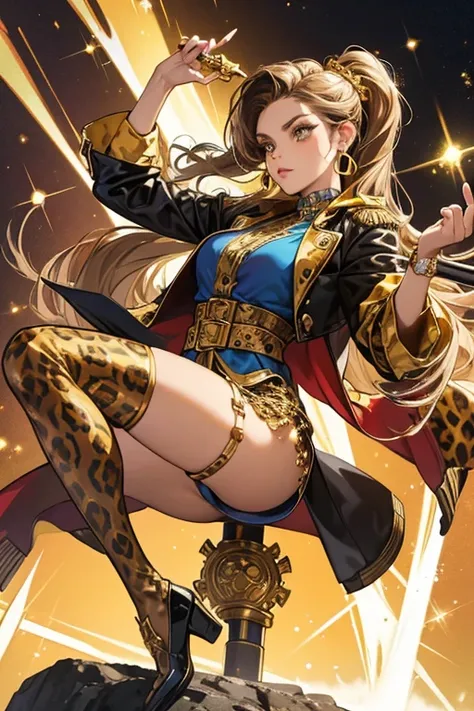 She has light brown skin, brown eyes, and brown hair. She has a gold hair piece, gold earrings, leopard print unitard with the left leg covered, fishnet stocking at the right leg, a blue jacket with gold pauldrons, black arm covers, black leg sleeves, and ...