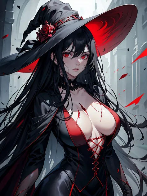 handsome woman，red-eyes，red pupils，Long black hair, grey skin, looks ill, Hyperresolution，accuracy，Detailed rendering，（Subtle facial image）（Image of fine hair）（topquality）（Masterpieces of masters）（High degree of completeness）（A sense of atmosphere）tmasterp...