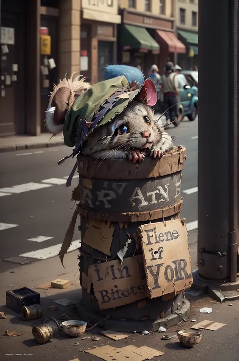 A ragged old mouse，Wearing a tattered hat，Begging on a busy street corner，There is a broken bowl in front of i expression looks very aggrieved.
