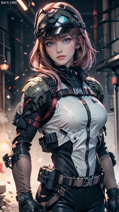 Metal Gear Solid Style, (detailed intricate full cover tactical helmet:1.3), (Pink Hair), Cowboy Shot, Dynamic pose, One girl, alone, Ray Tracing, (masterpiece), (Highest quality), (detailed), (detailed tactical gear:1.1), (Bulletproof vest:1.1), Combat pa...