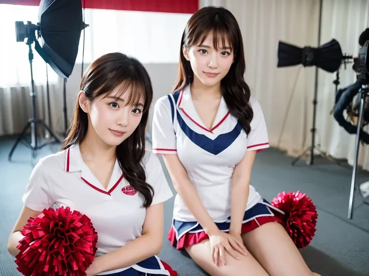 A live-action photo of an extremely beautiful Japanese high school girl race queen who highlights her large breasts and beautiful legs.、Wearing cosplay cheerleader uniforms in a photo studio and taking promotional photos for compensated dating、She is an et...