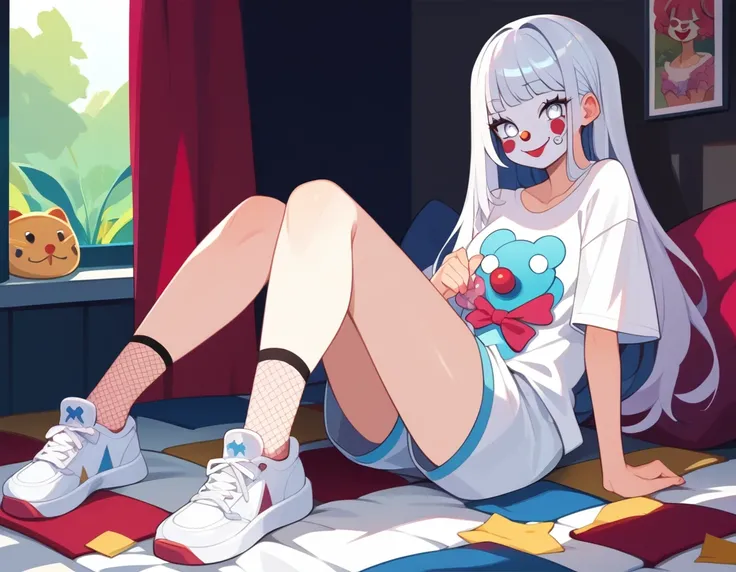 Girl with long hair and bangs with white eyes, clown-painted face, oversized t-shirt, white legs with fishnet stockings and white sneakers