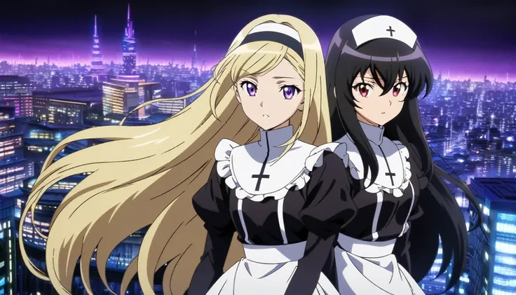 Two girls. The first is a nun with blonde long hair and scary red eyes. The second is next to her and is a maid with purple eyes and long, straight black hair. The background is a city with purple lights. Anime Art Style.