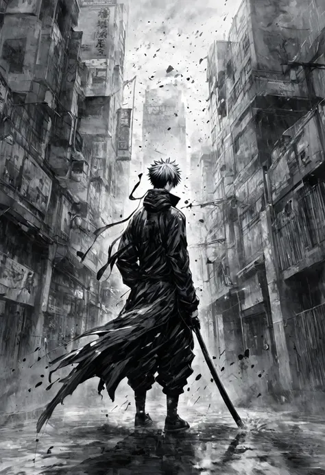 Ink Painting,Black and white painting,splash,Jujutsu Kaisen Itadori Yuuji,In combat,