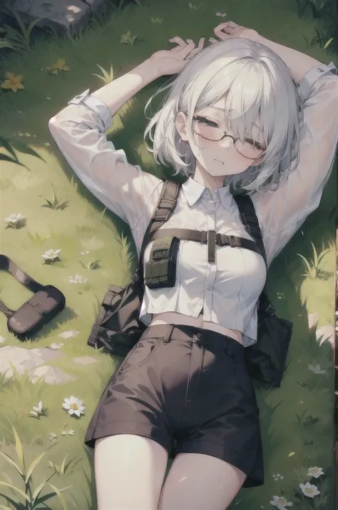 ((high quality)), ((masterpiece)), 8k, slim sleepy army girl, white hair, round circular eyeglasses, head set, white cropped shirt, wet clothes, shorts, bulletproof vest, lying down on the ground, grassy land, arms up, 1arm stretched up, closed eyes, ahega...