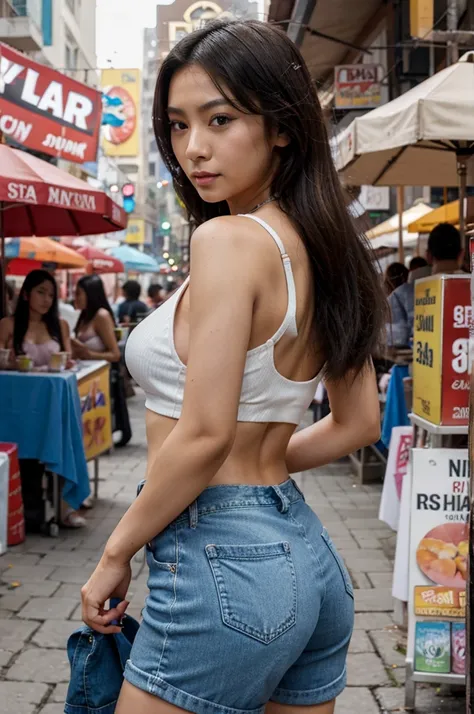 [[((young attractive Asian woman:1.5)), ((Sophie Tan:1.4)), standing in a vibrant street market, with her back to the camera. She is wearing ((low-rise denim shorts and a fitted tank top:1.2)). Her hair is styled in a high ponytail, and she has a seductive...