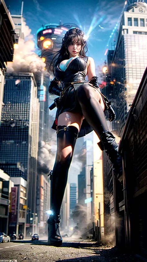 Ground View，giantesscity,giant girl 500 feet high，skyscrapers,Have a pair of ultra long legs,stepping in the crowd，many people in street,a pair of huge breasts，Princess，mini skirt,black silk socks，Has black waist-length hair，Wearing a pair of Mary Jane hee...