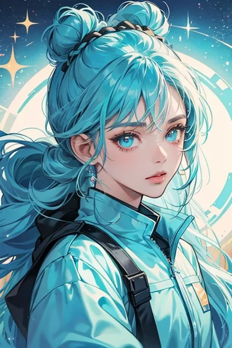 Ice Ice B.B. has a brown skin-tone and cyan eyes. Her hair is cyan similar to her eyes, and is styled into two high space buns with a piece of hair wrapped around with side bangs SPARKLE; GLITTER