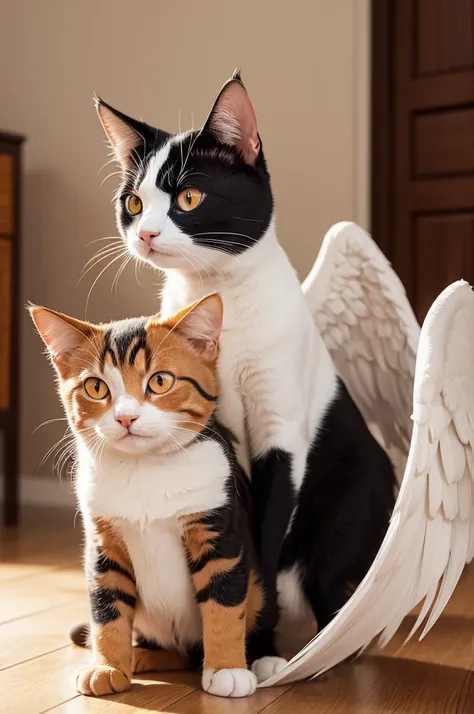 Photo of tricolor cat with orange eyes winking with angel wings