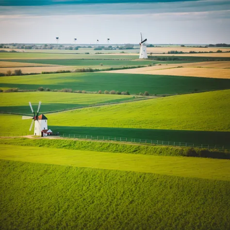 shot of a windmill with a farm in the background 