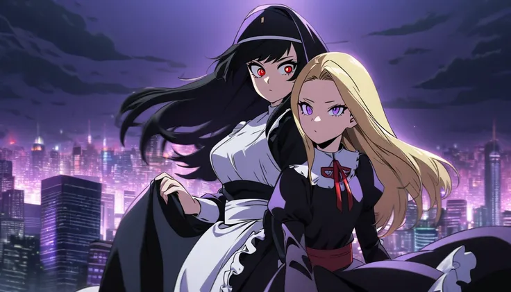 Two girls. The first is a nun with blonde long hair and scary red eyes. The second is next to her and is a maid with purple eyes and long, straight black hair. The background is a city with purple lights. Boku no Hero Academia Art Style.