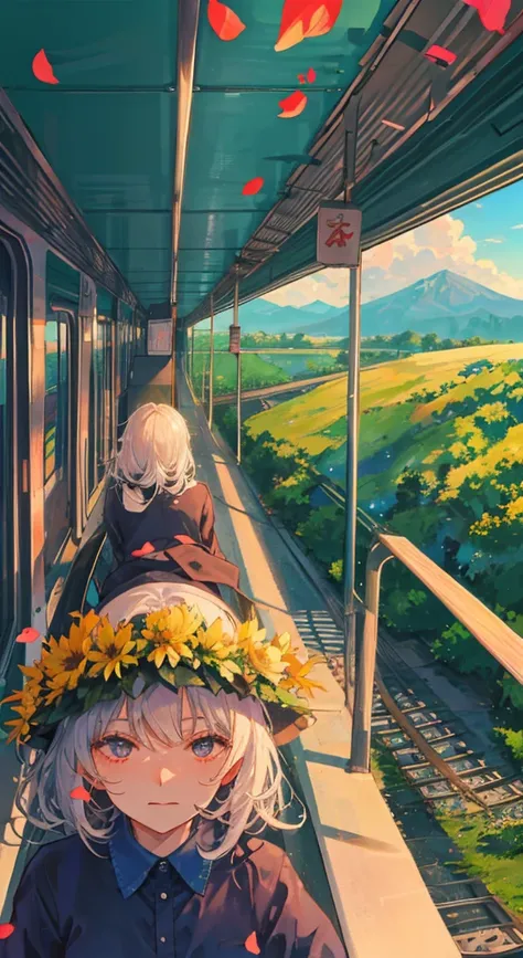 ((Rolling mountains)),Sunlight，railway，train，cloud，Flower petals flutter