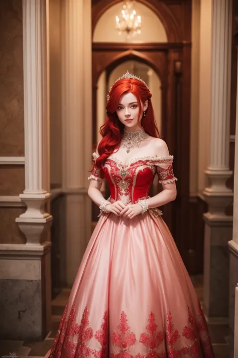 Freya Allan, dressed like a princess, with red hair 