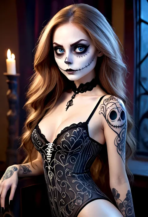 Create a hyper detailed photograph of a jack Skellington tattoos young stunning gorgeous sexy sally Skellington, Stunningly perfect gorgeous face, perfect makeup, detailed vibrant eyes, long hair,detailed perfect beautiful legs, detailed perfect beautiful ...