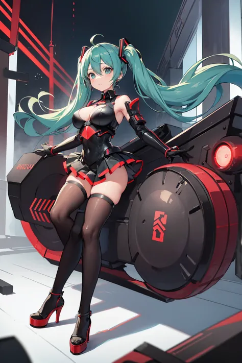 Hatsune Miku VOCALOID, ((Red and black body armor)), Big Breasts, ラテックスボディスーツ, High heels, Heavy equipment,