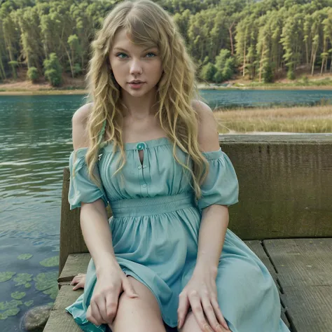 Take the cover of Taylor Swifts album, "Taylor Swift (Taylors Version)," her with long curly blonde hair, blue eyes, sitting next to a lake, wearing a green dress 