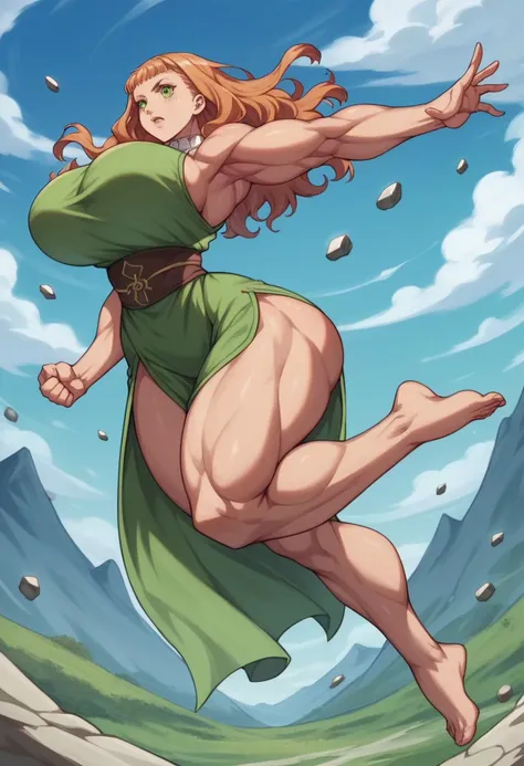 vermilion mimosa, Women, defined body, big breasts, small waist, thin arms, noodle arms, beautiful arms, small waist, defined abdomen, huge butt, muscular legs, wide legs, too muscular legs, huge legs, barefoot, dressed in a green Greek tunic, bare arms, a...