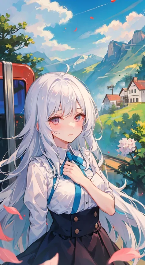 ((Rolling mountains)),Sunlight，railway，train，cloud，Flower petals flutter，Beautiful white-haired girl