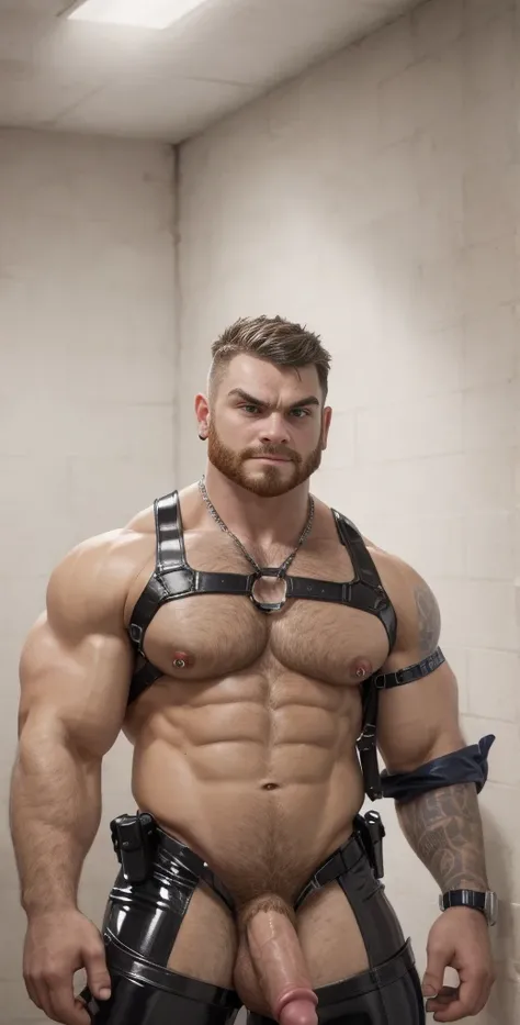 Irish dom chav, 20 years old, short hair, stud, hairy, hairyalpha, BeardAlpha, wearing a policeman uniform, wearing a latex, tight uniform, open shirt, wearing a pectoral harness, oversized pectorals, heavy pectorals, erection, erection under clothes, inti...