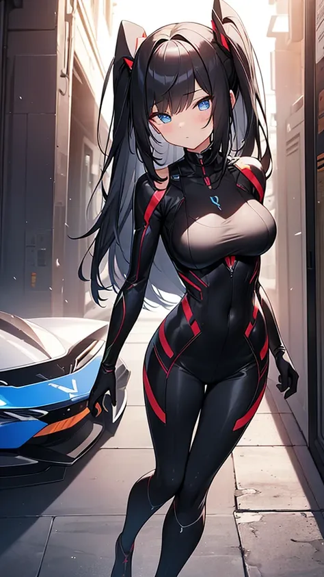 (Highly detailed CG Unity 8k wallpaper,masterpiece, Biological, whole body),(Best lighting, Best Shadow, Very delicate and beautiful),(One girl),blue eyes, Big Breasts, Black Hair,Red and black off-the-shoulder SF bodysuit,Neck Seal,High-tech sci-fi corrid...