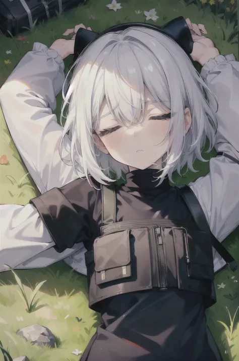 ((high quality)), ((masterpiece)), 8k, slim sleepy army girl, white hair, half black balaclava mask, black berret, white cropped shirt, wet clothes, mini skirt, bulletproof vest, lying down on the ground, grassy land, arms up, 1arm stretched up, closed eye...