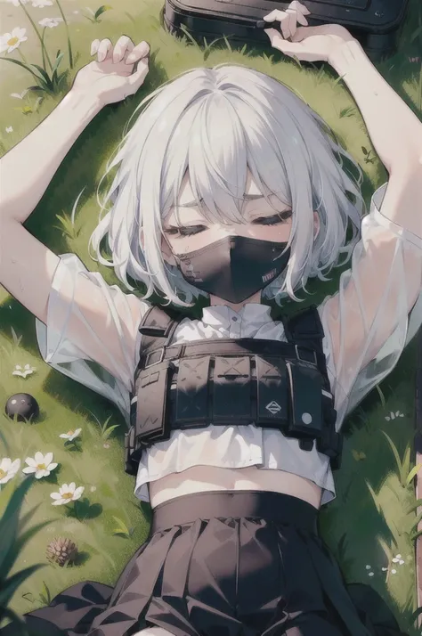 ((high quality)), ((masterpiece)), 8k, slim sleepy army girl, white hair, half black balaclava mask, black berret, white cropped shirt, wet clothes, mini skirt, bulletproof vest, lying down on the ground, grassy land, arms up, 1arm stretched up, closed eye...