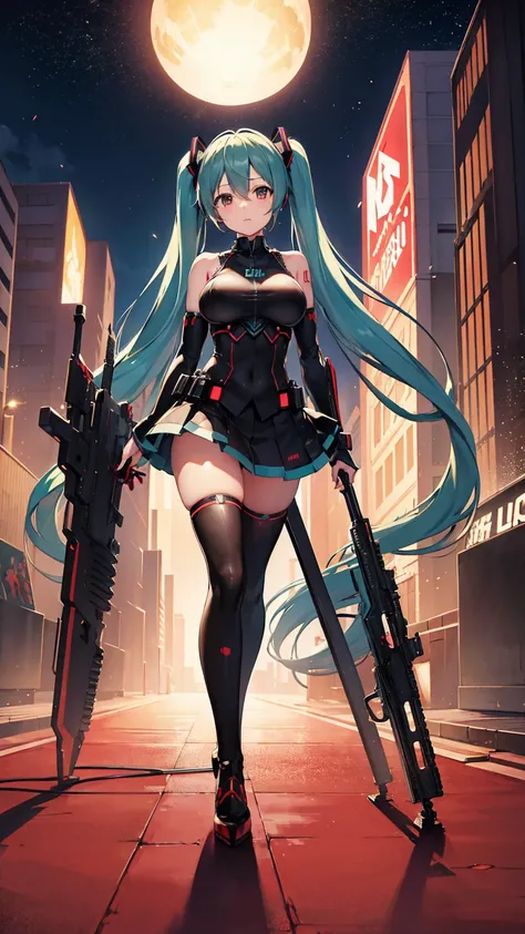 Hatsune Miku VOCALOID, ((Red and black body armor)), Big Breasts, ラテックスボディスーツ, High heels, Heavy equipment,