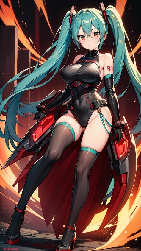 Hatsune Miku VOCALOID, ((Red and black body armor)), Big Breasts, ラテックスボディスーツ, High heels, Heavy equipment,