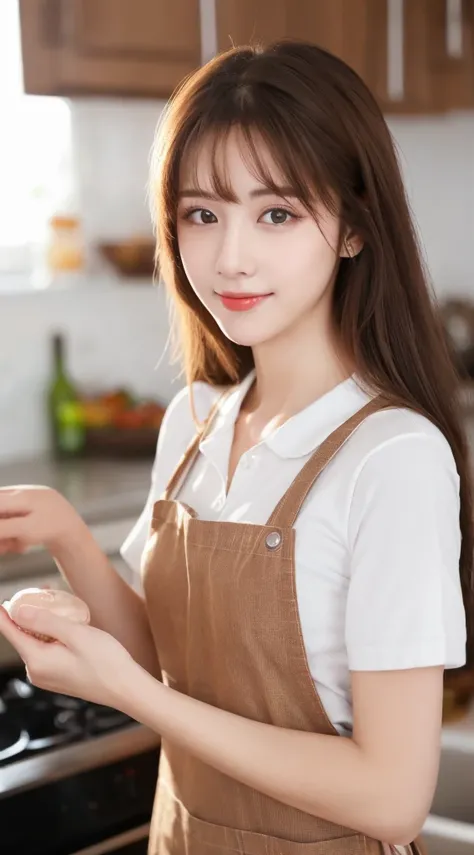 (highest quality, 8K, masterpiece: 1.3), beautiful woman with perfect figure: 1.2, dark brown hair, wearing a pendant, Wearing an apron, in the kitchen, highly detailed face and skin, fine eyes, double eyelid,  ((full body shot:1.2))、