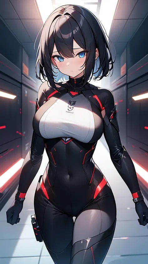 (Highly detailed CG Unity 8k wallpaper,masterpiece, Biological, whole body),(Best lighting, Best Shadow, Very delicate and beautiful),(One girl),blue eyes, Big Breasts, Black Hair,Red and black off-the-shoulder SF bodysuit,Neck Seal,High-tech sci-fi corrid...