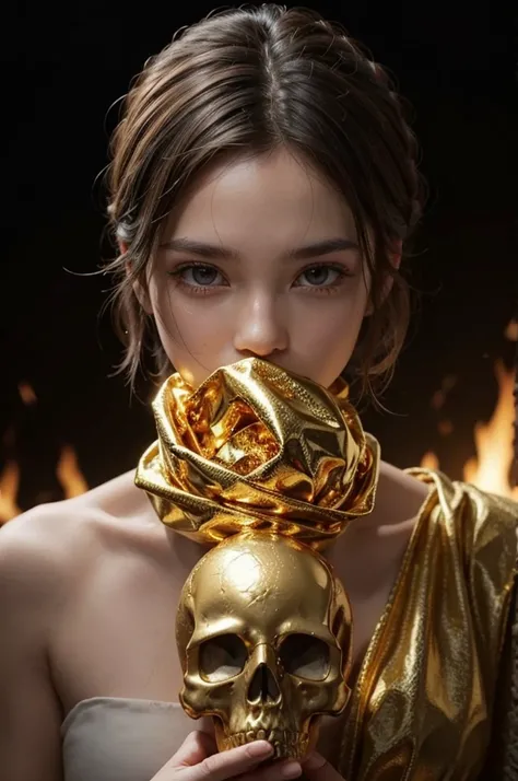 a close-up of a person holding a skull-headed body with molten gold wrapped around it 