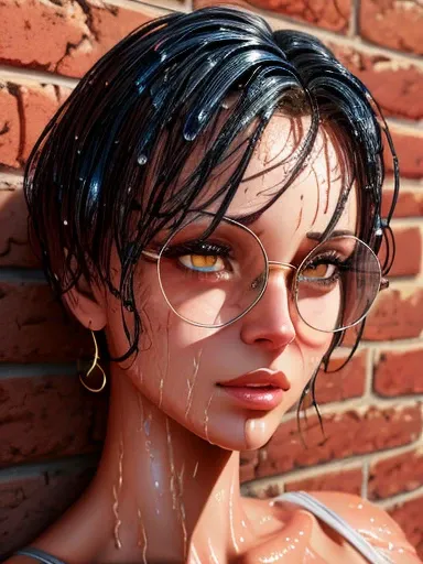 dynamic close-up of the upper part of 1 Extremely slim and beautiful woman, perfect body, shapely face, skin with highly detailed depth, she stands Against a brick wall, (haircut, black hair), (detailed eyes, eyes large and light brown and shiny, curved ey...