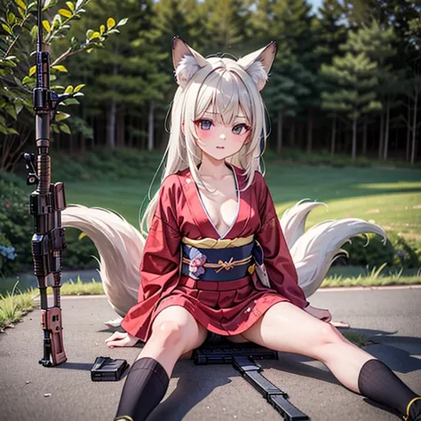 (Fox Girl, Fox Ears, Silver Hair, Fox Makeup, One Girl, Long Hair:1.6), (kimono, Kimono with open chest, A beautiful kimono with red and black patterns, I can see her cleavage, Open chest, Exposed skin:1.8), (Body measurements are 75-60-75!, Young girl bod...